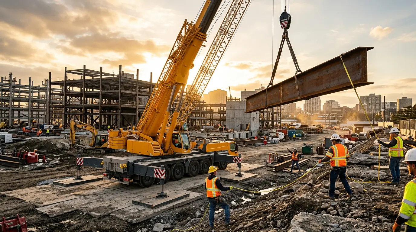 Yellow mobile crane lifting a steel beam while riggers guide tag lines on a construction site
