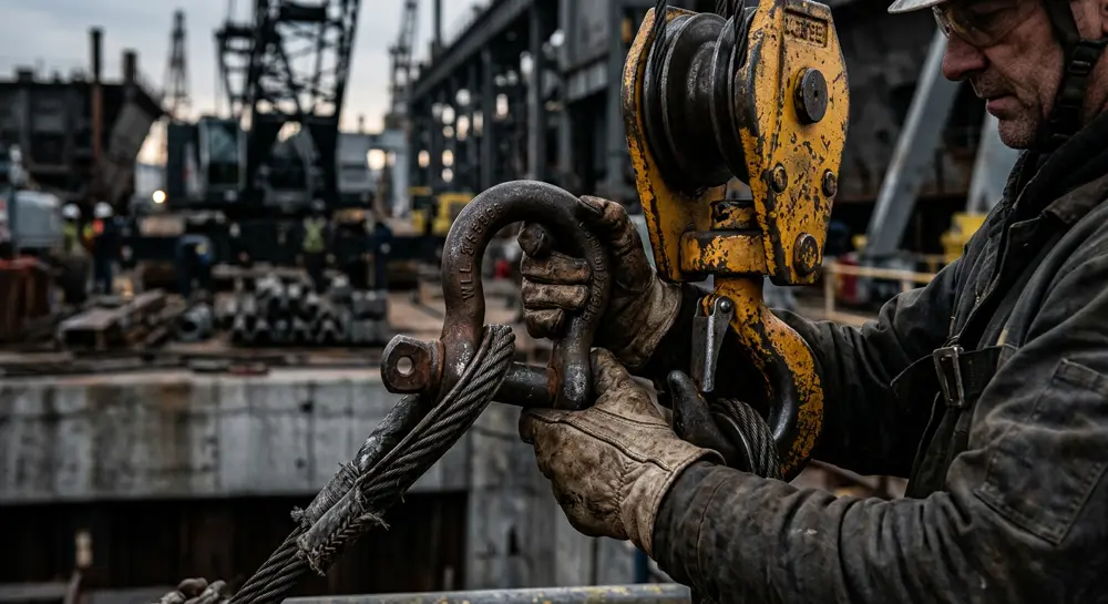Rigger in work gloves inspecting shackles, wire rope slings, and a crane hook block